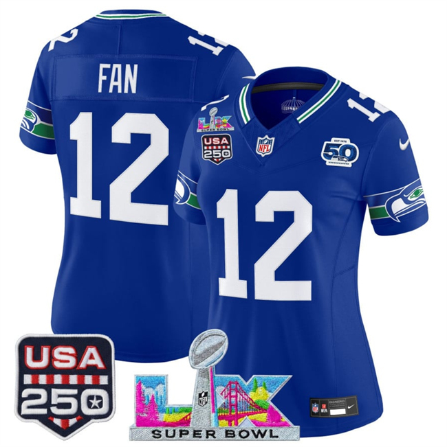 Women's Seattle Seahawks #12 Fan Royal 2025 F.U.S.E. Super Bowl LX Patch And 50th Season & USA 250' Patch Vapor Throwback Limited Stitched Football Jersey(Run Small)